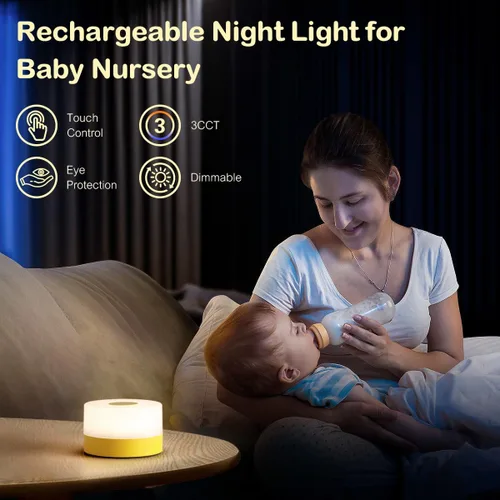 Miniatura 5 de JUSHENG Luz nocturna para guardería, lámpara táctil recargable por USB para mesita de noche de dormitorio con 3CCT y función de atenuación LED