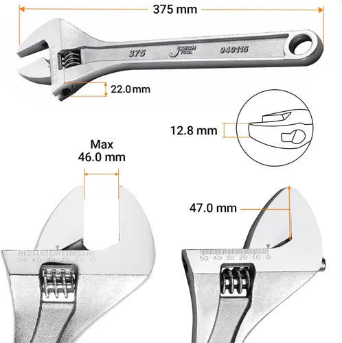 Miniatura 2 de Jetech - Llave ajustable de 15 pulgadas - Llave de cambio profesional de acero cromo vanadio resistente con escala imperial y métrica de amplia