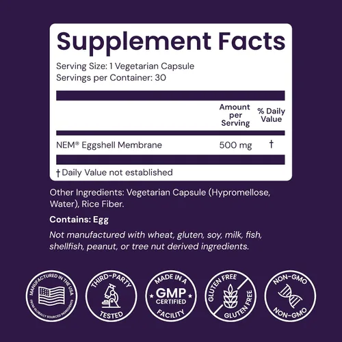 Miniatura 4 de Healthy Origins Membrana de cáscara de huevo NEM de 500 mg, 30 cápsulas vegetarianas, estudiadas clínicamente, de origen estadounidense, suplemento