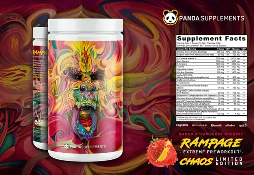 Underground Bio Labs Panda Supps: Rampage Chaos, preentrenamiento extremo, alta estimulación, bomba máxima, enfoque y energía (sorbete de fresa y