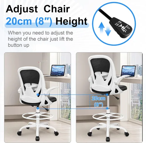 Miniatura 6 de Primy Silla ergonómica de dibujo con reposabrazos abatibles, silla de oficina alta para escritorio de pie, cómoda silla de escritorio con anillo