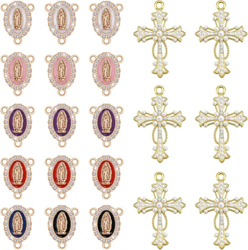 Miniatura 8 de Suministros para hacer rosarios, 24 piezas de dijes de cruz y medalla milagrosa, colgantes de crucifijo vintage, perla para mujer