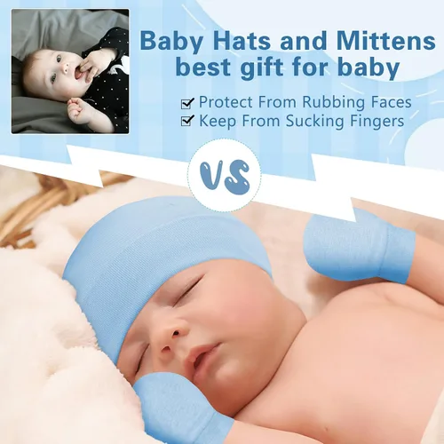 Miniatura 2 de Zando Gorros y manoplas unisex para bebés, gorro de hospital para recién nacidos, con guantes antiarañazos, conjunto para bebés y niños