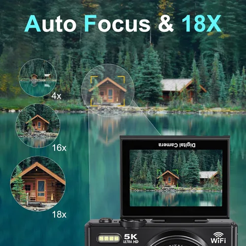Miniatura 4 de Cámara digital 5K para fotografía - Cámara WiFi de 75MP para YouTube - Cámaras digitales UHD 18X Zoom con pantalla abatible de 3 pulgadas 180°
