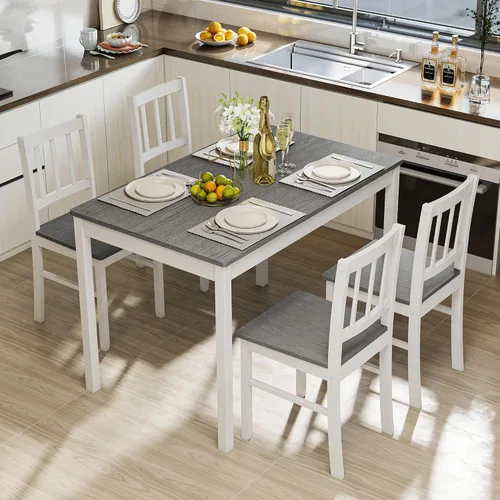 Miniatura 8 de Juego de mesa de comedor de 5 piezas para 4, juego de mesa de cocina rectangular de madera maciza con 4 sillas, juego de comedor de madera que