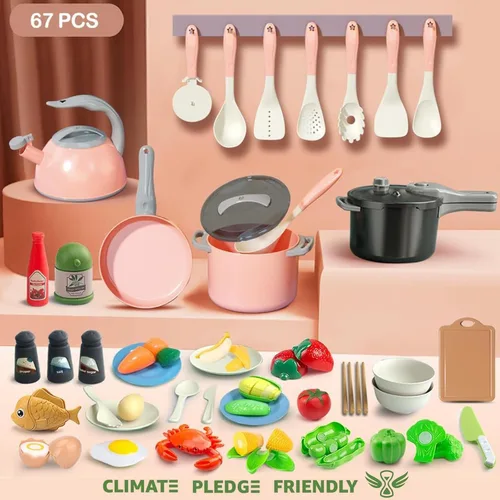 Miniatura 2 de Bruvoalon Juego de 67 piezas de juguetes de cocina para niños, juego de cocina de simulación para niños pequeños con ollas, sartenes, utensilios