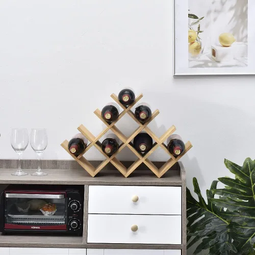 Miniatura 9 de KIRIGEN Estante de madera para vino de 13 botellas, estante de exhibición de vino de 4 niveles de madera natural, estante de almacenamiento de pie