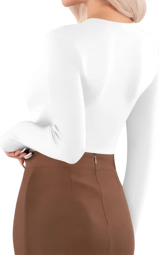 Miniatura 3 de MANGOPOP Camiseta de manga larga con cuello en V para mujer, ajustada, camiseta tipo túnica