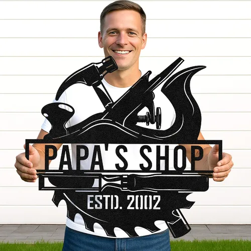 Miniatura 16 de Letrero de metal personalizado para garaje, arte de pared personalizado para hombres, decoración de taller mecánico con nombre, decoración