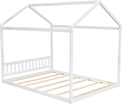 Miniatura 6 de MERITLINE Cama de casa tamaño Queen para niños, cama Montessori de madera con cabecero, techo y listones de soporte, marco de cama Queen para niños