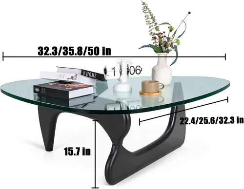 Miniatura 2 de Mesa de café triangular en nogal con base sólida de madera moderna de mediados de siglo y mesa de café de vidrio transparente triangular para sala
