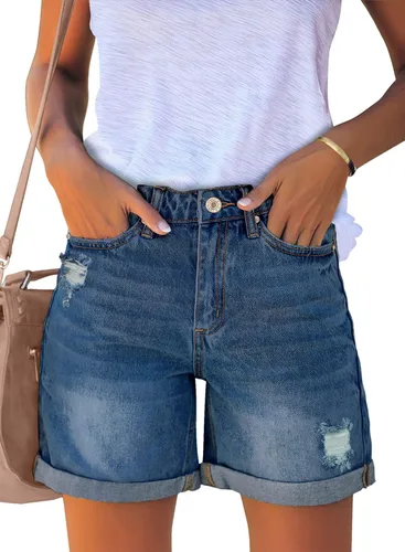 luvamia Pantalones cortos de mezclilla rasgados casuales para mujer, cintura alta, desgastados, con dobladillo enrollado, pantalones cortos de jeans
