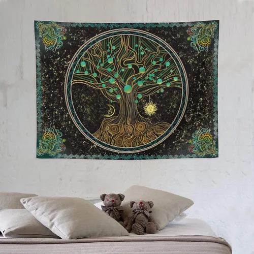 Miniatura 2 de Naykow Árbol de la vida, bohemio, sol, luna, naturaleza, lindo tapiz verde para pared, mandala espiritual, chakras, grunge, tapices para colgar