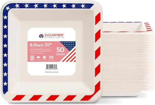 Paquete de cosecha de 6.5 pulgadas, platos cuadrados desechables compostables con bandera americana, sin PFAS, para fiesta patriótica, 4 de julio,