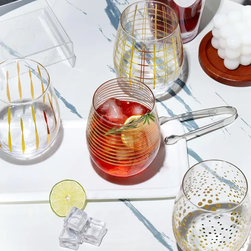 Miniatura 3 de Joeyan Copas de Vino Sopladas a Mano sin Tallo con Puntos Dorados, Espumas, Rejillas y Rayas para Vino Tinto y Blanco, Grandes Tazas de Bebida