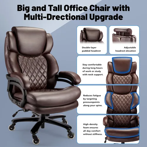 Miniatura 2 de Silla de oficina grande y alta de 800 libras, silla ejecutiva con reposacabezas ajustable, asiento extra ancho, piel sintética resistente para Negro