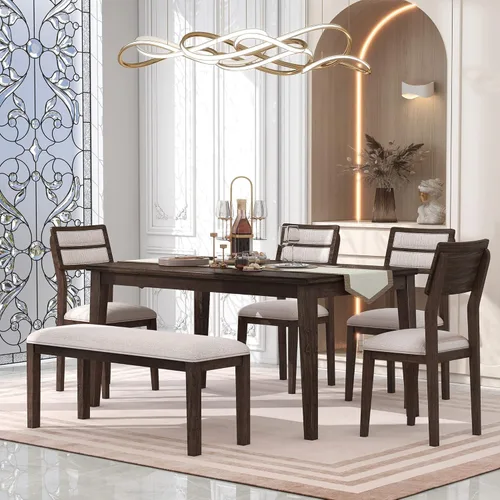 Miniatura 27 de KLMM Elegante y clásico juego de mesa de comedor de madera de 6 piezas con 4 sillas y otomana, adecuado para cocina y comedor