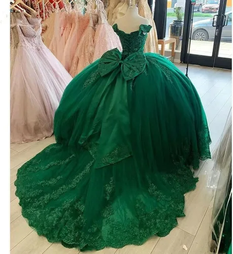 Miniatura 3 de Youjiayi Vestidos de quinceañera de princesa con hombros descubiertos, de encaje hinchado, de tul dulce 16, con tren, lazo grande, vestidos largos