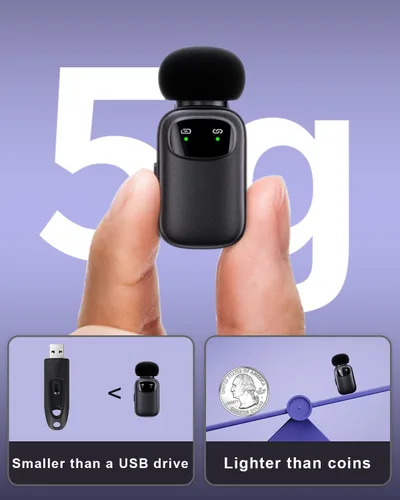 Miniatura 5 de T1 mini micrófono inalámbrico Lavalier para iPhone/Android/iPad, reducción de ruido de 3 niveles, duración de la batería de 30 horas, cambiador