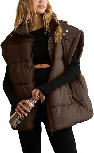 Miniatura 50 de Shiyifa Chaleco acolchado para mujer, chaqueta de gran tamaño, sin mangas, ligera, con cremallera, con capucha desmontable