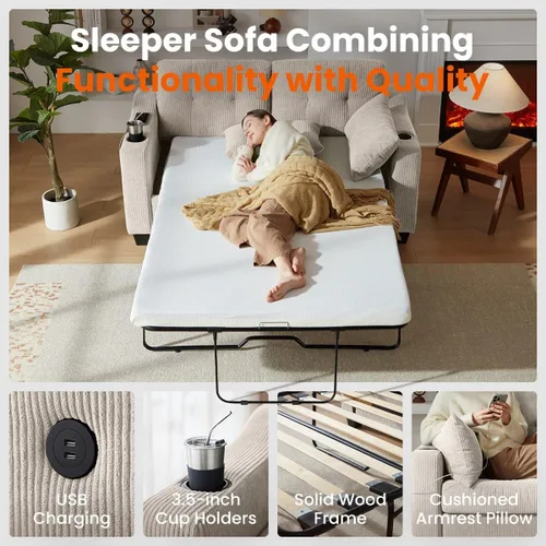 Miniatura 6 de CHIC HOUSE Sofá cama extraíble, sofá cama tamaño completo, sofá convertible 2 en 1 de pana con carga USB, sofá de espuma viscoelástica para sala