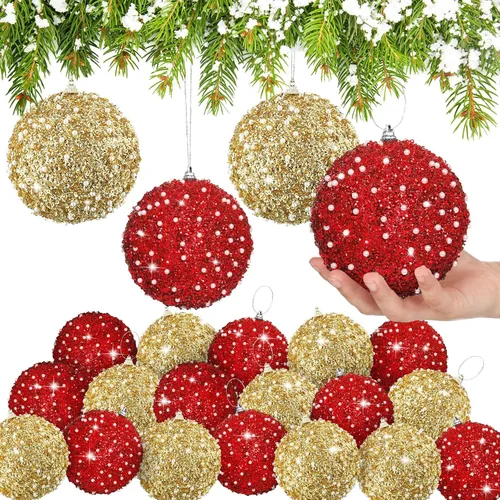 Miniatura 28 de Lyrow 24 piezas 3.15" Juego de adornos de bola de Navidad con purpurina, bola de espuma con lentejuelas colgante, decorativa, en masa, para árbol