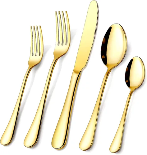 Miniatura 10 de OGORI - Juego de cubiertos dorados de 24 piezas de acero inoxidable de grado alimenticio, juego de utensilios de cocina para 6, vajilla pulida