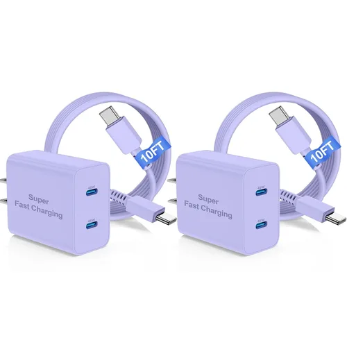 Miniatura 11 de Cargador súper rápido de 45 W de doble puerto con cable largo USB C a C de 10 pies, bloque de cargador de pared tipo C y cable de carga de teléfono