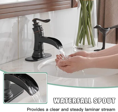 Miniatura 3 de BWE Grifo de baño en cascada de bronce frotado con aceite, llave de una manija, un agujero, grifo de lavabo, estilo granja, para tocador de baño