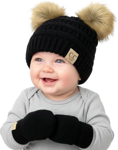 Miniatura 14 de Funky Junque Conjunto de gorro y mitones con doble pompón de pelo sintético para bebé – Gorro de invierno para recién nacidos de 0–9 meses