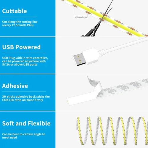 Miniatura 6 de Tira de luces LED COB USB 5V 3.28ft/1M, Blanco natural 4000K Tira de cinta LED COB regulable alimentada por USB de alta densidad, cinta LED flexible