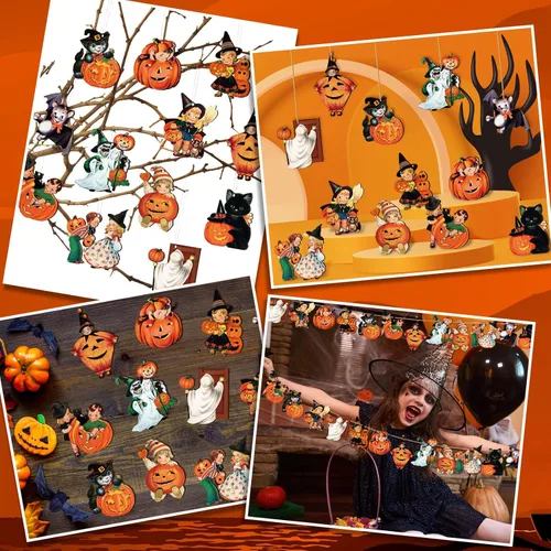 Miniatura 4 de Geelin 24 piezas de adornos góticos de Navidad para decoraciones de árbol Gato negro Calabaza Talla de madera Murciélago Colgante Pendientes