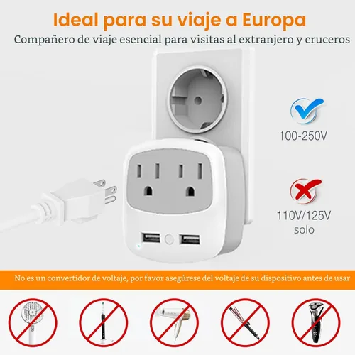 Miniatura 3 de Convertidor de adaptador de enchufe de viaje europeo, convertidor de enchufe de alimentación internacional TESSAN con 2 USB, adaptador de salida