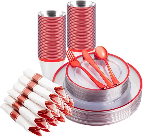 Miniatura 16 de BESTSTAR Juego de 175 platos desechables transparentes y negros para 25 invitados, 50 platos de plástico, 25 vasos, 25 servilletas preenrolladas