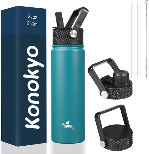 Miniatura 76 de Konokyo - Botella de agua aislada de 18 onzas, botellas deportivas de acero inoxidable con 3 tapas, verde militar