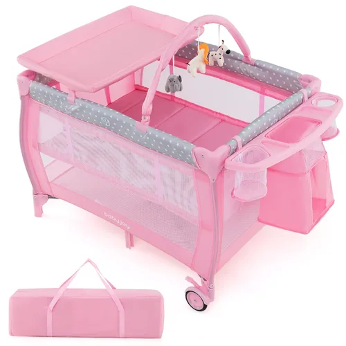 BABY JOY 3 en 1 portátil Pack and Play con moisés, cuna de viaje convertible para bebé con cambiador, rueda de freno, Napper recién nacido con