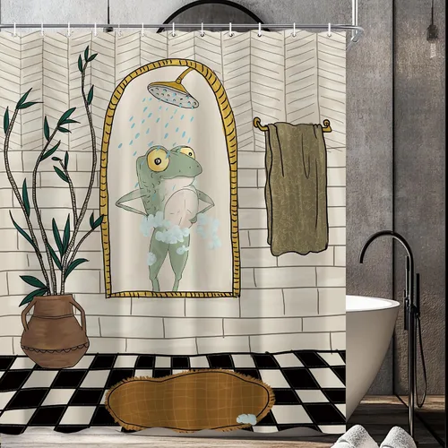 Miniatura 4 de Juego de cortina de ducha divertida con diseño de ranas para el baño 60x72 pulgadas, cortina de ducha retro linda con diseño de ranas, cortina