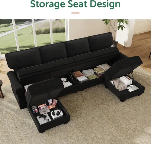 Miniatura 3 de HONBAY Sofá modular convertible con almacenamiento en forma de U con diván reversible para sala de estar, negro medio negro (Mid Black)