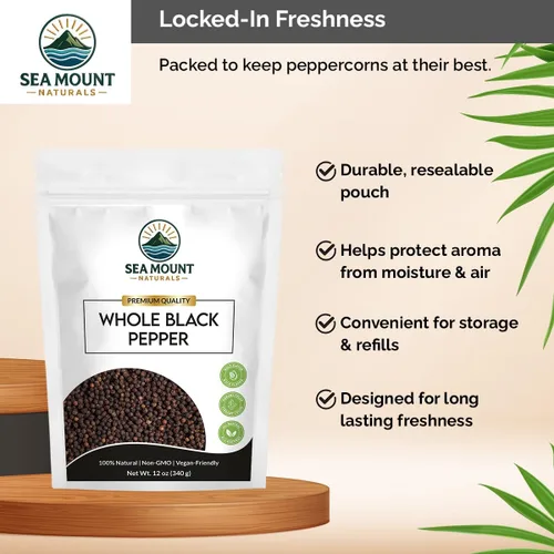 Miniatura 6 de Sea Mount Naturals Tellicherry - Granos de pimienta negra, 12 onzas (11.99 oz) Pimienta negra entera natural para molinillos Kosher, sin OMG
