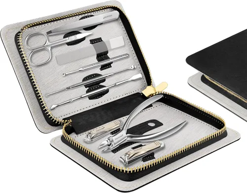 ZIZZON Juego de manicura profesional de acero inoxidable para uñas y uñas de los pies y uñas 9 en 1, kit de pedicura y aseo con estuche de viaje