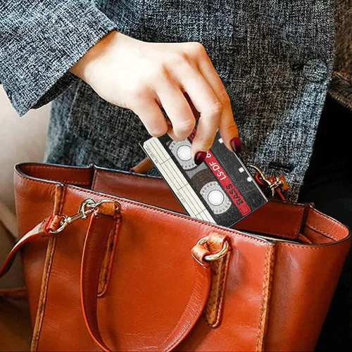 Miniatura 5 de ALAZA Titular de la tarjeta de visita de la vendimia de la música del casete de audio de cuero de acero inoxidable delgado bolsillo cartera