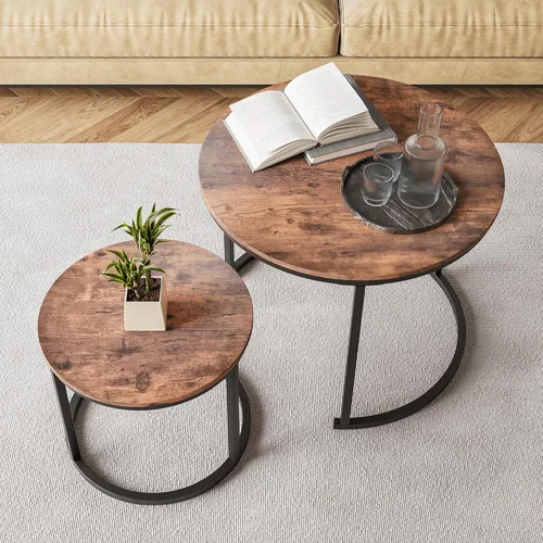 Miniatura 9 de HOJINLINERO Juego de 2 mesas de café redondas anidables, mesas auxiliares para sala de estar, mesa de café circular y de mármol con estructura