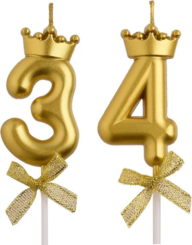 Velas de cumpleaños número 34 y 43, velas doradas para pastel de 43 y 34 años, decoraciones de fiesta de cumpleaños, regalos para mujeres y hombres
