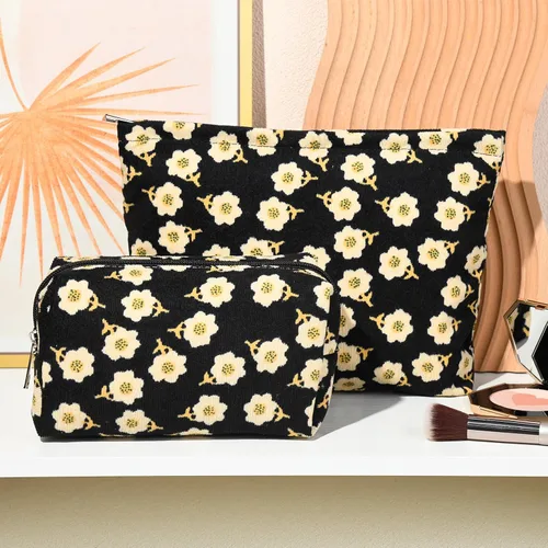 Miniatura 5 de SOIDRAM 2 Piezas Bolsa de Maquillaje con Flores, Bolsa de Cosméticos Grande de Capacidad, de Lona, Mezcla de Viaje, Organizador de Artículos de Flor