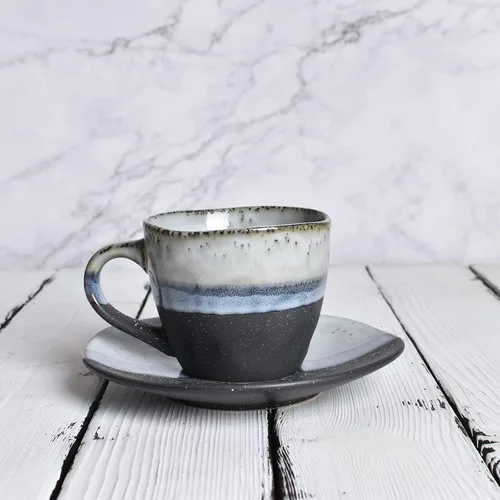 Miniatura 6 de Bosmarlin Juego de 2 tazas de café de gres con platillo para café con leche, capuchino, té, onzas, lavavajillas y microondas (negro, 2)