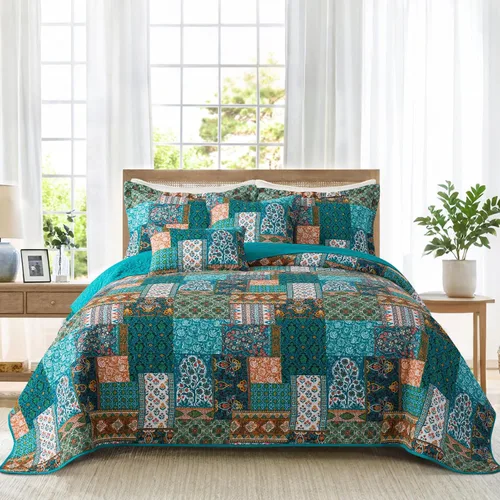 Miniatura 25 de BEDIFANY Juego de edredón de algodón tamaño King – Colcha ligera bohemia King – Juego de ropa de cama reversible naranja colorido – Juego de edredón