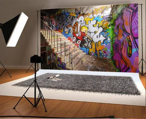 Miniatura 2 de Yeele Fondo de pared de graffiti urbano urbano de 10 x 8 pies para fotos, dibujos animados retro de los años 80 y 90, estilo hiphop, fotografía