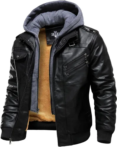Miniatura 12 de Hood Crew - Chaqueta bomber para hombre, casual, con cuello alto, cazadora de moto, de piel sintética de poliuretano, con cremallera y capucha Marrón