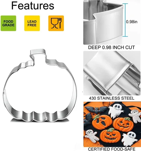 Miniatura 5 de Juego de cortadores de galletas de calabaza, 4 pulgadas, 3.22 pulgadas, 2 pulgadas, cortadores de galletas grandes para otoño, Halloween, Acción