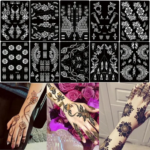 Miniatura 14 de 10 hojas de plantillas de tatuaje de henna 10 pares de plantillas de tatuaje temporal para brazo y mano Tatuajes indios árabes con purpurina
